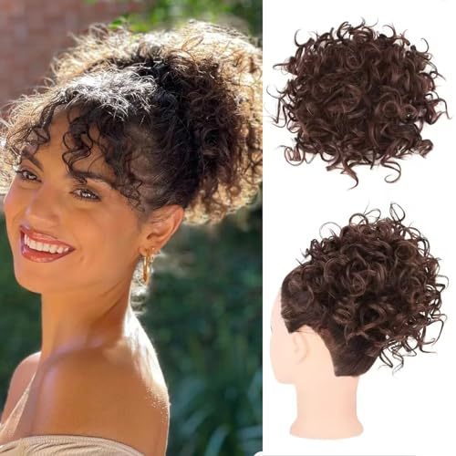 Haarteil Dutt,elastische Kordelzug Haarknoten Extensions,Messy Bun Kurze lockige Pferdeschwanzverlängerung Elastischer Kordelzug,Haarteil Mit Gummiband,Dutt Haarteil Gelockt Haargummi (Dunkelbraun)