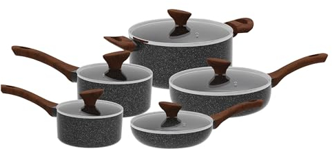 HOUSZY Non-Stick Pots and Pans Set – 10-Piece Granite Coated Non-Stick Cookware with Glass Lids, Heat-Resistant Bakelite Handles, Non-Toxic Cookware Set for All Cooktops