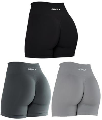 AUROLA Intensify Workout-Shorts für Damen, nahtlos, Scrunch-Shorts, Fitnessstudio, Yoga, Laufen, Sport, aktive Übung, Fitness-Shorts, Packung (Schwarz/Stahlgrau/Silber), Mittel