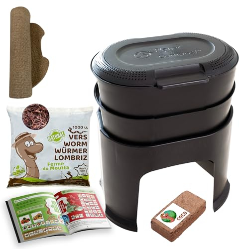 Moutta | Magic Worm Noir | Lombricomposteur de Cuisine 2 Plateaux | 500gr de vers de Compost | Kit Complet