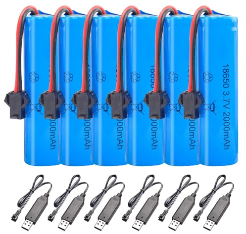 NAVESO 3.7V Li-ion Akku, 6 Stück 2000mAh 3.7V RC Akku, 3.7V Li-ion Akku with 6 USB Chargers SM-2P Plug, 3.7V Li Ion Power Ersatz Akku, Wiederaufladbare RC Batterie, für RC Fahrzeuge, Booter