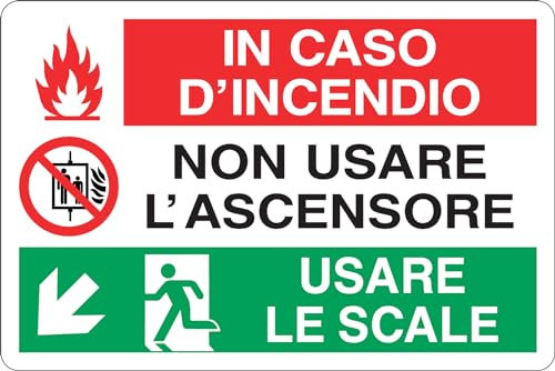 GLOBAL CARTELLO SEGNALETICO MULTI - IN CASO DI INCENDIO NON USARE L'ASCENSORE - Adesivo Extra Resistente, Pannello in Forex, Pannello In Alluminio (Pannello In Alluminio, 20x31 cm)
