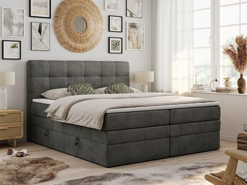 MKS MEBLE King Boxspringbett 200x200 Grau, Polsterbett Mit Bettkasten, Multipocket-Matratze H3, Kopfteil und Topper - Dunkelgrau Velvet - Luka