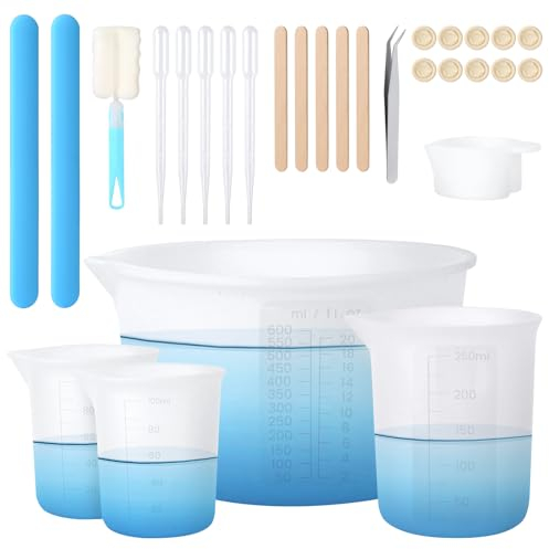 Amentalove Silikon Messbecher Epoxidharz, 600ml/250ml/100ml Silikonbecher, Epoxidharz Mischbecher mit Rührstäbchen,Bürsten,Pinzette,Pipetten,Handschuhe, Silikon Messbecher für DIY Basteln Labor Krüge