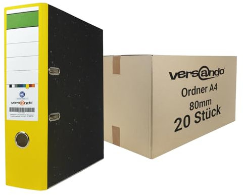 versando 20x breiter Premium Ordner DIN A4 Rücken 8cm Aktenordner Ringordner - Blauer Engel zertifiziert - gelb (1 Karton)