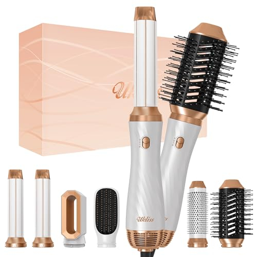Warmluftbürste Set 6 in 1, UKLISS Haartrockner Air Styler 1000W, Airflow Lockenstab Automatisch, Massage Heißluftbürste, Rundbürste Föhn, Haarglätter Bürste, Stylingbürsten, Geringerer Haarausfall