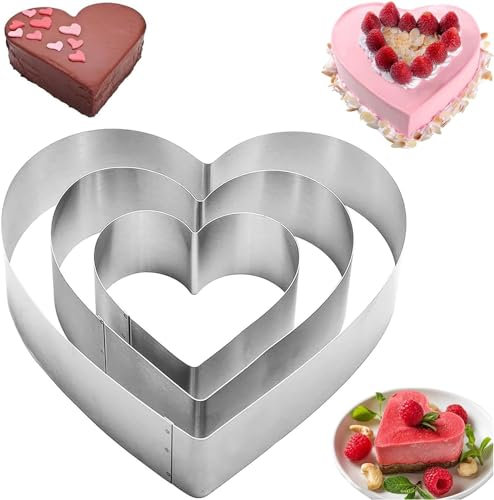 Ruikcoll Tortenring, Edelstahl Backring, Herzförmig Tortenring Set, Kuchenring Rund Feste Tortenring, Hochzeiten, Backformen, für Creme, Geburtstag,Motivtorten,3 Stück