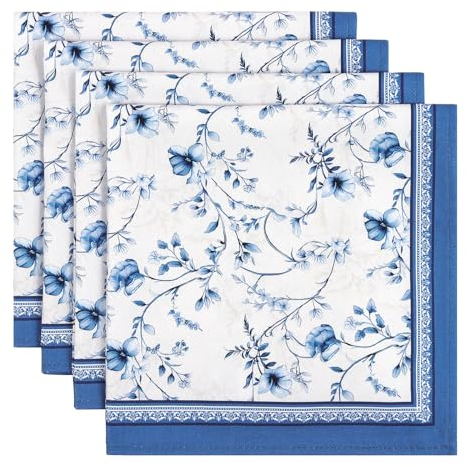 Arquiel Servietten Rosen Blau 4er-Set, Stoffservietten 100% Baumwolle Weiches Hochwertige Wiederverwendbare Esstisch Servietten Perfekt für Hochzeiten Küche Haushalt Party(45×45cm)