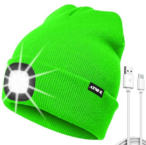 ATNKE LED Mütze mit Licht, USB Typ C Wiederaufladbare 4 LED Beleuchtete Laufmütze Extrem Heller Lampe Winter Warme Stricken Mütze für Herren und Damen Geschenke/Fluorescent Green