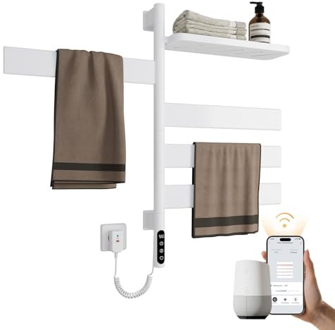 EMKE Handtuchheizkörper Elektrisch, 180° Drehung Badheizkörper Elektrisch mit Lagerregal, Wifi Smart Elektrischer Handtuchtrockner, Handtuchwärmer Handtuchhalter Elektrisch 120W Weiß