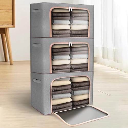 Miawtro Storage Bags, 3 Pieces 24 Liter Clothes Storage, Clothes Storage Boxes with Double Door Zipper Metal Frame, Waterproof Clothes Organiser for Bedding Storage, Smart Space Storage Boxes(24L)