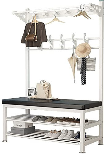 Tringle à vêtements Porte-manteau exquis pour tringle à vêtements, porte-manteau industriel sur pied avec support de rangement pour chaussures à 2 niveaux et banc, 16 crochets amovibles (A 100 cm)