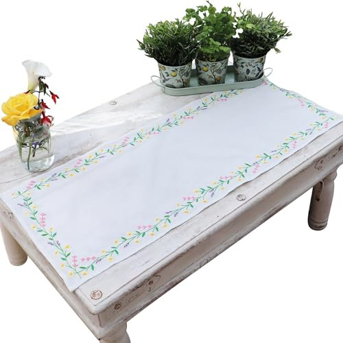 Trimits Stickset, Tischläufer – inklusive bedrucktem Stoff, Fäden, Nadel und Anleitung (evtl. nicht in deutscher Sprache), 40 x 100 cm, Gänseblümchen-Kette