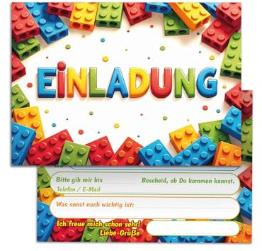 Junaversum 12 Einladungskarten zum Kindergeburtstag Bausteine Kinder Jungen Mädchen coole bunte Einladungen Geburtstag Geburtstagseinladungen Kids
