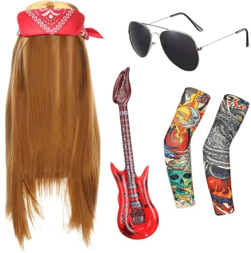 Lipfer Rocker Costume Set, Punk Gothic Rocker Costume Accessories with Wig Guitar Sunglasses Bandana Temporary Tattoo Sleeves 70s 80s Fancy Dress for Men Women
