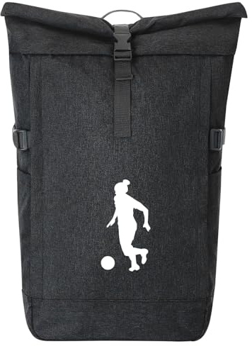 Huuraa Kurierrucksack Soccer Fußball Geschenk | 30-44 Liter Backpack Black Melange Fairtrade Rolltop Rucksack Geschenkidee Schwarzer Laptop-Rucksack passend für 17-Zoll
