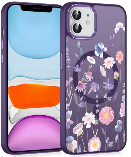 Yirlbey Magnetisch Handyhülle für iPhone 12 Pro / 12 6,1 Hülle, Kompatibel mit MagSafe, Aesthetic Blumen Motiv Design Transluzente Mädchen Case, Matte PC Dünn TPU Stoßfest Schutzhülle Cover, Lila