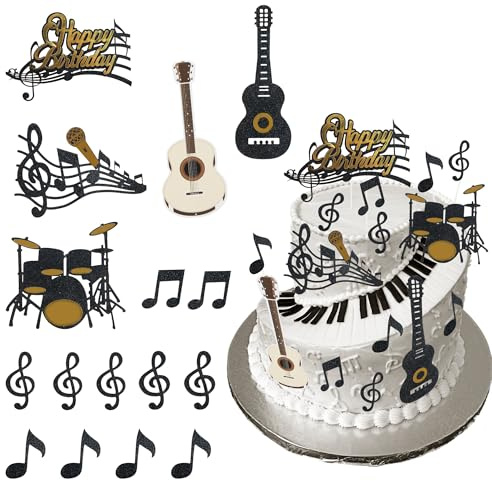 Rock Star Cake Toppers Happy Birthday Cupcake Topper, Musical Theme Cake Decorations Electric Guitar Cake Sticks Music Notes Cupcake Toppers for Musician Party Birthday Party Supplie