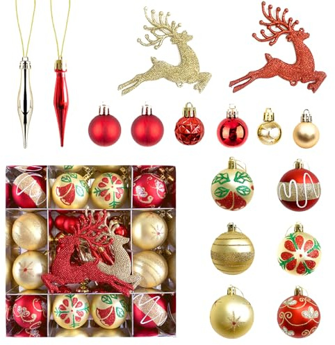 Weihnachtskugeln, 40 Stück Weihnachtsbaumkugeln Weihnachtsbaumschmuck Christbaumschmuck Glitzernde ∅ 6cm Mit 2 Weihnachtsornamente In Form Eines Elchs Weihnachtsdeko für Party (Rot und Gold)