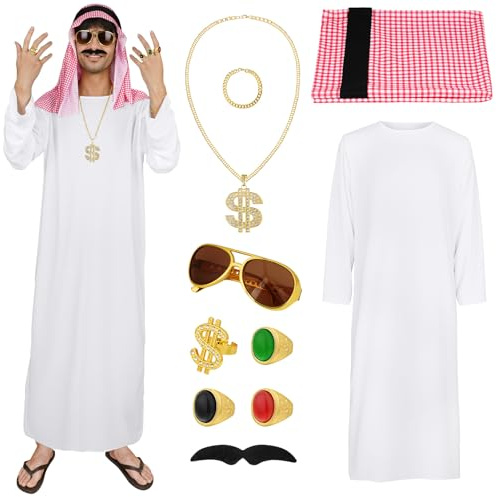 BSBUY Costume de Cheikh Arabe, Deguisement de Cheik Arabe Homme avec Foulard et Lunettes de Soleil, Accessoires des Vêtements Drole pour Soirées à Thème Cosplay, Fêtes, Carnavals, Halloween