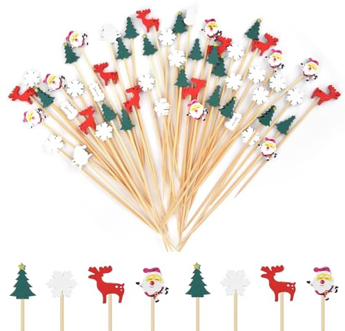 VITEVER 100 Stück Bambus-Cocktailspieße (12 cm) mit Weihnachtsmotiven – Weihnachtsbaum, Nikolaus, Schneeflocke, Rentier & Schneemann. Ideal für Obst, Desserts, Häppchen und Party-Deko