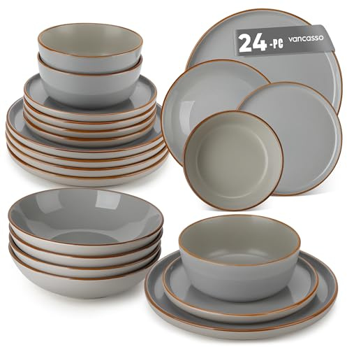 vancasso Reno Stoneware Dinner Set for 6, 24 Pieces Plates and Bowls Set with Dinner Plates, Dessert Plates, Cereal Bowls & Soup Bowls, Grey Speckled Crockery Set, Chip & Scratch Resistant