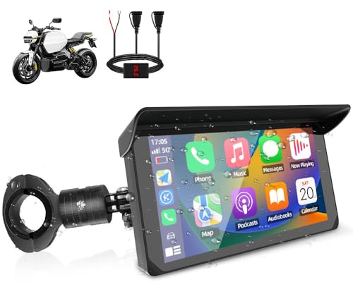 VSYSTO Carplay para Motocicletas, Carplay inalámbrico y Android Auto, Pantalla táctil HD de 5 Pulgadas, Compatible con navegación GPS, Visualización de Temperatura y Voltaje, Dos Puertos USB