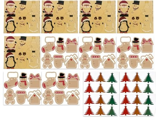12 Weihnachts-Geschenkanhänger, Selbstklebende Aufkleber Weihnachten, Weihnachtliche Namensschilder aus Kraftpapier für Weihnachts Geschenke, To and From Weihnachts-Etiketten für Geschenkdeko