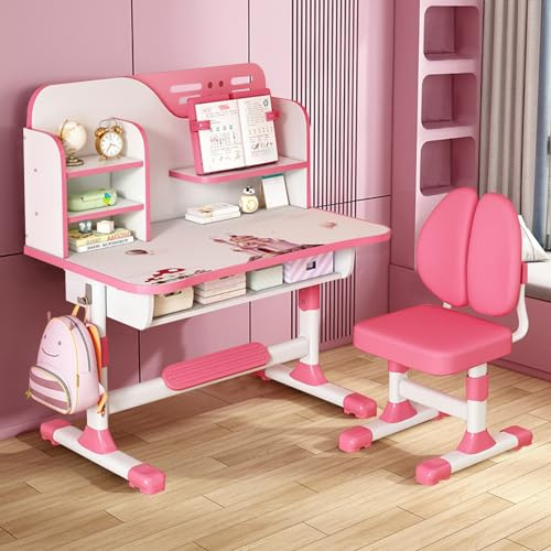 Kids Desk and Chair Sets, Height Adjustable Functional Toddlers School Study Desk with Storage Drawers, Widened Desktop, Bookstand for Boys and Girls (Pink)
