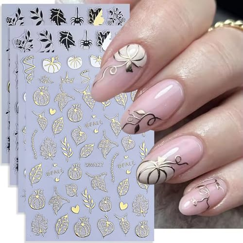 MissJelly Herbst Nagelaufkleber, Nagelsticker Herbstblätter, Halloween Nagel Aufkleber Selbstklebend Gold Herbst Nail Art Sticker Nageldesign Nail Art Dekoration (4Blatt)
