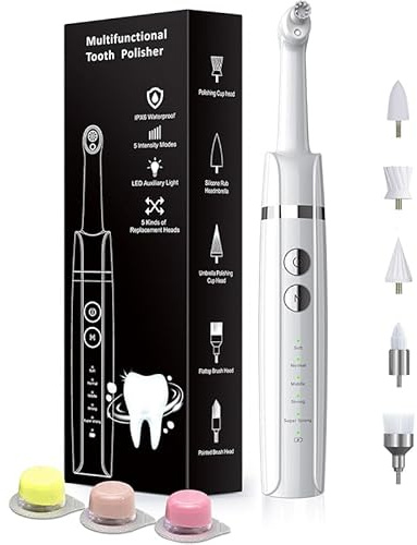 Tooth Polisher, Plaque Stain Removal Yellow Teeth with 5 Replacement Heads & Cleaning Modes, Plaque Remover for Teeth (White)