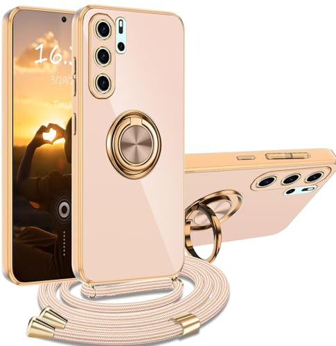 XCYYOO Hülle für Huawei P30 Pro mit Band, Handyhülle Huawei P30 Pro mit Kette Kordel Ständer Kratzfest Silikon Handykette Stoßfeste Schutzhülle, Rosa