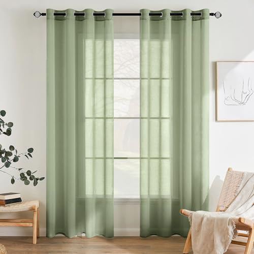 EMEMA Gardinen mit Ösen 2er 260cm Lang Salbeigrün Vorhang Voile Vorhänge | Vorhang mit Ösen Transparente Polyester Ösenschal Transparent Wohnzimmer Luftig Dekoschal für Schlafzimmer B140 X H260cm