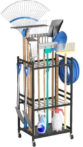 Gartenwerkzeug-Organizer, 3 Stöckiges Metall Gartenwerkzeug Halter mit Haken und 360° Schwenkbaren Rädern, Mehrzweck Gartengeräteaufbewahrungsregal für Garage, Gärten, Hof, Schuppen, 43*30*80