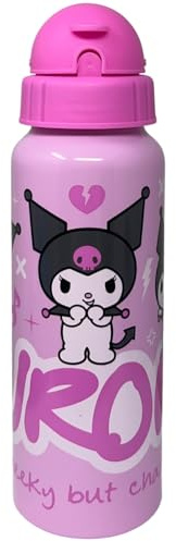 CARTOON Borraccia in alluminio Kuromi Sanrio con cannuccia bottiglia rosa 550 ml accessorio per bambine