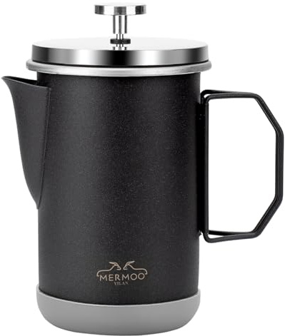 MERMOO YILAN 1000ml Camping French Press Foldable Handle Stainless Steel | For 4 Cups | 4-Layer Filtration | Insulated 304 Steel | Portable for Travel, RV & Home | Also a Milk Frother & Tea Maker