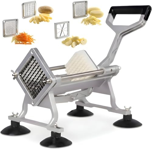 HI NATURE™ Professioneller Pommesschneider – inkl. 4 Edelstahl Klingen – Kartoffelschneider & Gemüseschneider für perfekte Pommes Frites – Anti-Rutsch Saugfüße – Silber