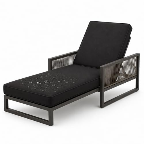 AZMAHT Auflage Für Sonnenliege, Wetterfeste Gartenliege Auflage Mit 50D Schaumstoff, rutschfeste Polsterung Mit Armlehnen & 6 Bändern, Premium Ersatzpolster Für Terrasse & Garten,Schwarz,188x58x8cm