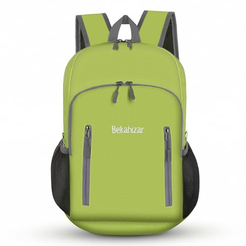 Bekahizar 20L Ultra Lightweight Backpack Foldable Hiking Daypack Rucksack Water Resistant Travel Day Bag for Men Women Kids Outdoor Camping Mountaineering Walking Cycling Climbing (Bright Green)