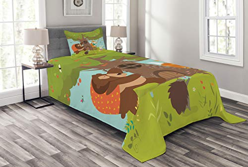 ABAKUHAUS Igel Tagesdecke Set, Tiere Kirschbaum, Set mit Kissenbezügen Sommerdecke, für Einzelbetten 170 x 220 cm, Mehrfarbig