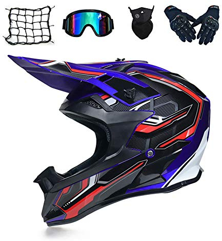 MRDEAR Motocross Helm Set, Motorrad Crosshelm mit Brille Handschuhe Maske Motorrad Netz (5 Stück) Fullface Cross Helm Motorradhelm Off Road Downhill Helm Schwarz und Blau,M