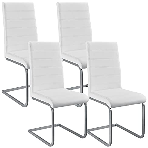 Juskys Freischwinger Schwingstuhl Vegas 4er Set - 4 Esszimmerstühle mit Rückenlehne, Küchenstühle aus Metall & Kunstleder - Stühle modern für Esszimmer, Wohnzimmer & Küche - Weiß