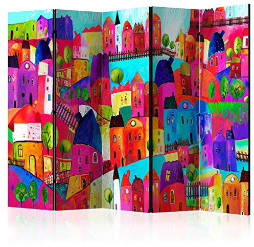 decomonkey Paravent Raumteiler Innen Abstrakt 225x172 cm 5 Teilig Einseitig Room Divider Wall Raumteiler Stehend Trennwand Sichtschutz Spanische Wand Sichtschutzwand Wohnzimmer Holz Stadt Bunt