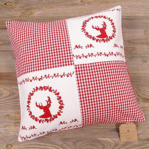Kissen-Bezug in 40x40 cm für Deko-Kissen Sofa-Kissen - Baumwolle Kissen-Hülle RESI im karierten Landhaus-Stil Hirsch rot weiß - Waschbarer Reißverschluss Zierkissen-Bezug für Couchkissen