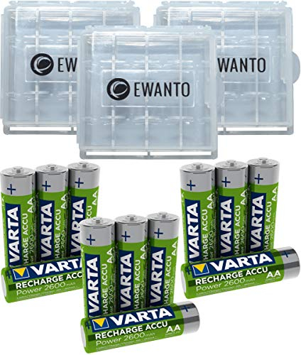 12x für Varta AA Akku Mignon NiMH 2600mAh Ready to use 5716 Bulk + 3X EWANTO Batteriebox/Akkubox zu Aufbewahrung von 4 STK. Mignon (AA) oder Micro (AAA) Batterien und Akkus
