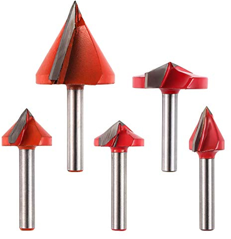 Genmitsu 5PCS Juego de puntas de fresado de ranura en V, 60° 90° 120° 150° de ángulo, mango de 6mm, fresado de forma en V en 3D Cuchilla de corte de madera Fresa de grabado CNC, VG05A