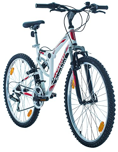 Multibrand Probike Extreme 26 Zoll Mountainbike Vollfederung 18 Gang, Herren-Fahrrad & Damen-Fahrrad, geeignet ab 155 – 180 cm (Weiß Matt Rot)