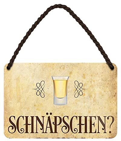 Schnaps Schild - witziges Metallschild mit Kordel und Saugnapf - lustiges Blechschild für Schnapstrinker - Deko für Küche Restaurant Wirtshaus Biergarten Kneipe Pub Bar Kellerbar Hausbar - 18x12cm