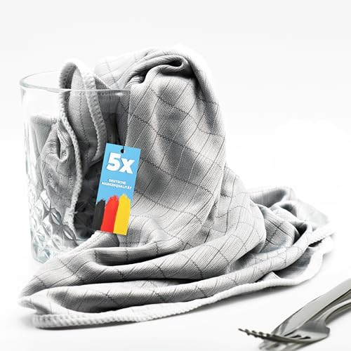 limpando 5X Feines Glaspoliertuch für Gläser in grau - Große Gläserpoliertücher (60cm x 40cm) für streifenfreie Gläser, Karaffen, Besteck, Geschirr und Spiegel | Brillenputztuch