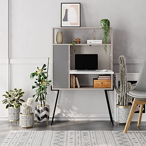 Multifunctional Fold Down Free Standing Laptop Computer Desk with Bookshelf, Space Saving Storage Compartments for Home, Office & Study, Multi Colour, 135x30x84cm (Light Mocha, White, Anthracite)